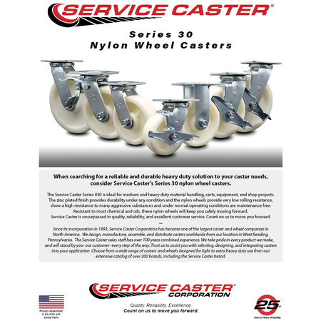 Service Caster 8 Inch Stainless Steel Nylon Caster Set with Ball Bearings 4 Brake 2 Swivel Lock SCC-SS30S820-NYB-TLB-BSL-2-TLB-2